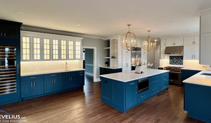 Modern navy and white kitchen with large island