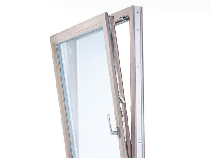 Partially open wood-framed casement window