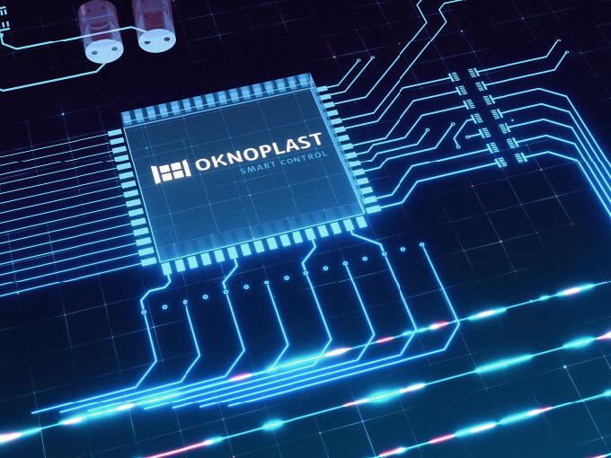 OknoPlast smart control microchip on glowing circuit board